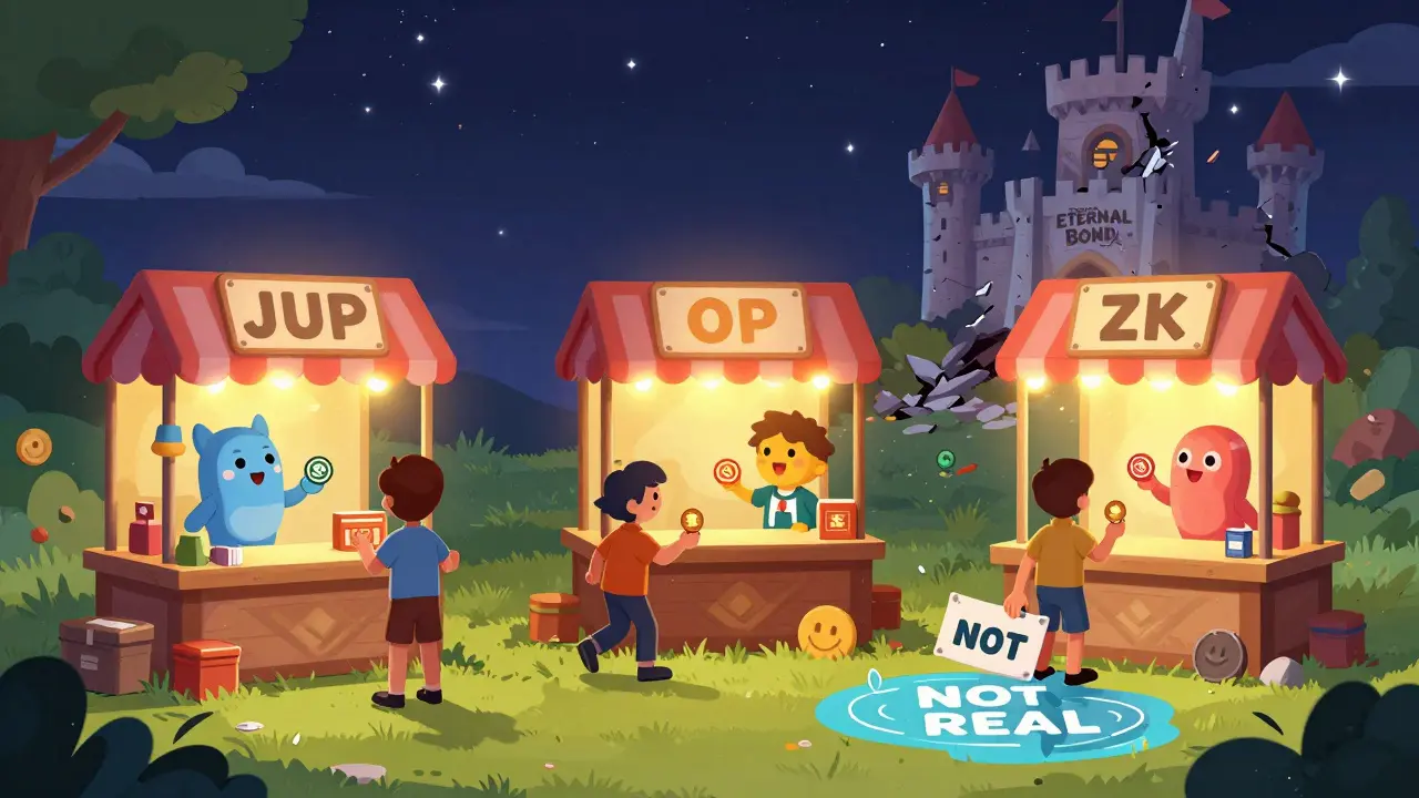 Three legitimate airdrop booths glow safely under stars, while a crumbling castle labeled TOKAU ETERNAL BOND collapses into dust.