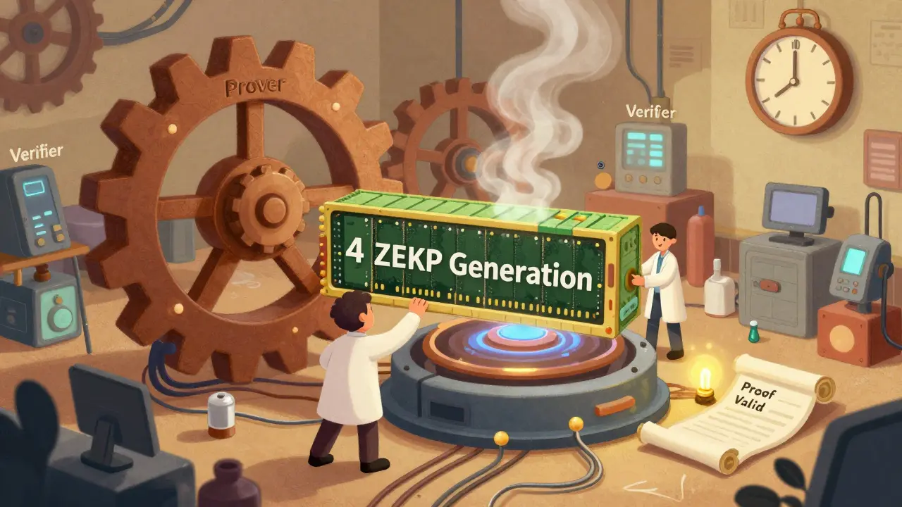 Tiny workers in a digital factory generate a zero-knowledge proof with massive memory and a ticking clock.