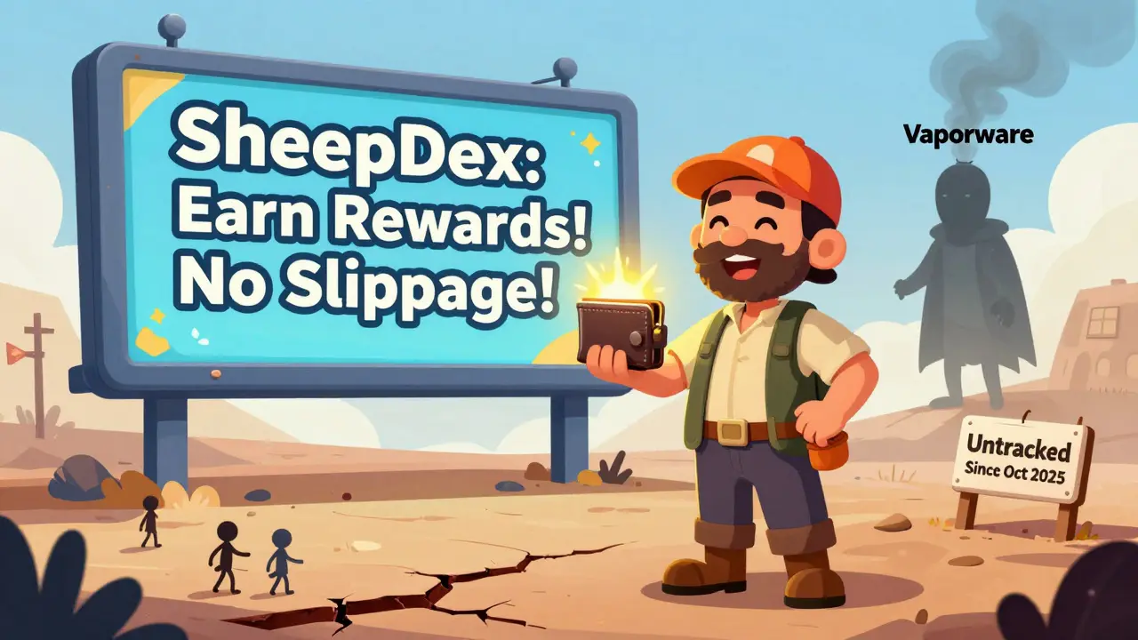 Trader facing a fake SheepDex billboard while users walk away, shadowy vaporware figure vanishing.