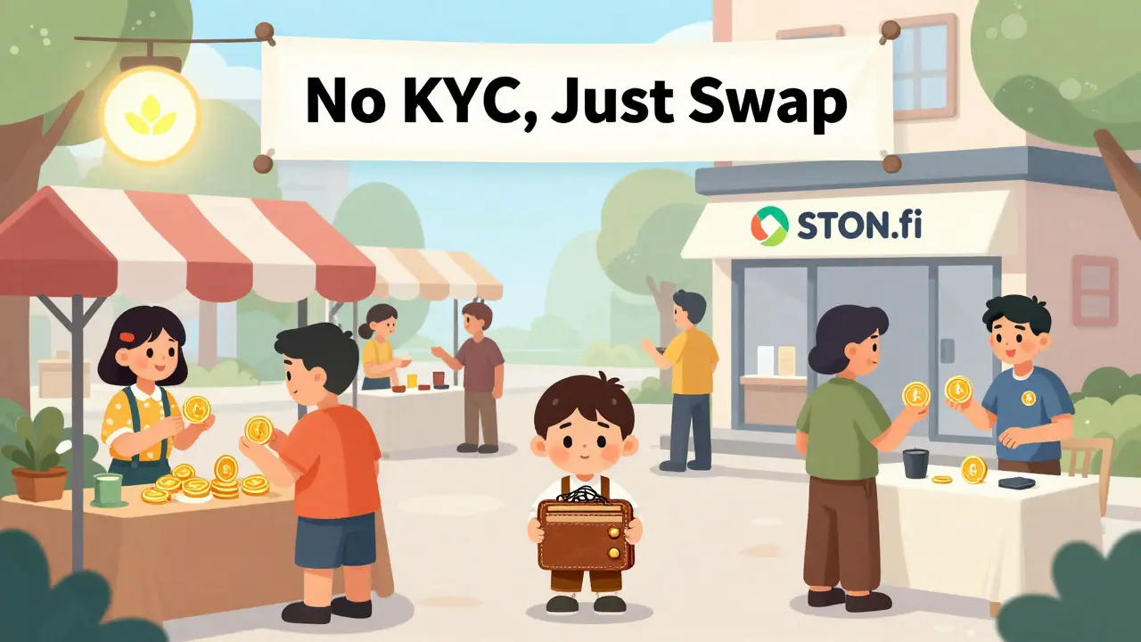 Traders exchange crypto in a TON ecosystem town, while a beginner looks confused near a wallet with tangled seed phrases.