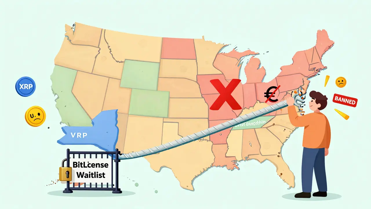 U.S. map showing state-specific crypto restrictions with snapped VPN and banned tokens floating nearby.