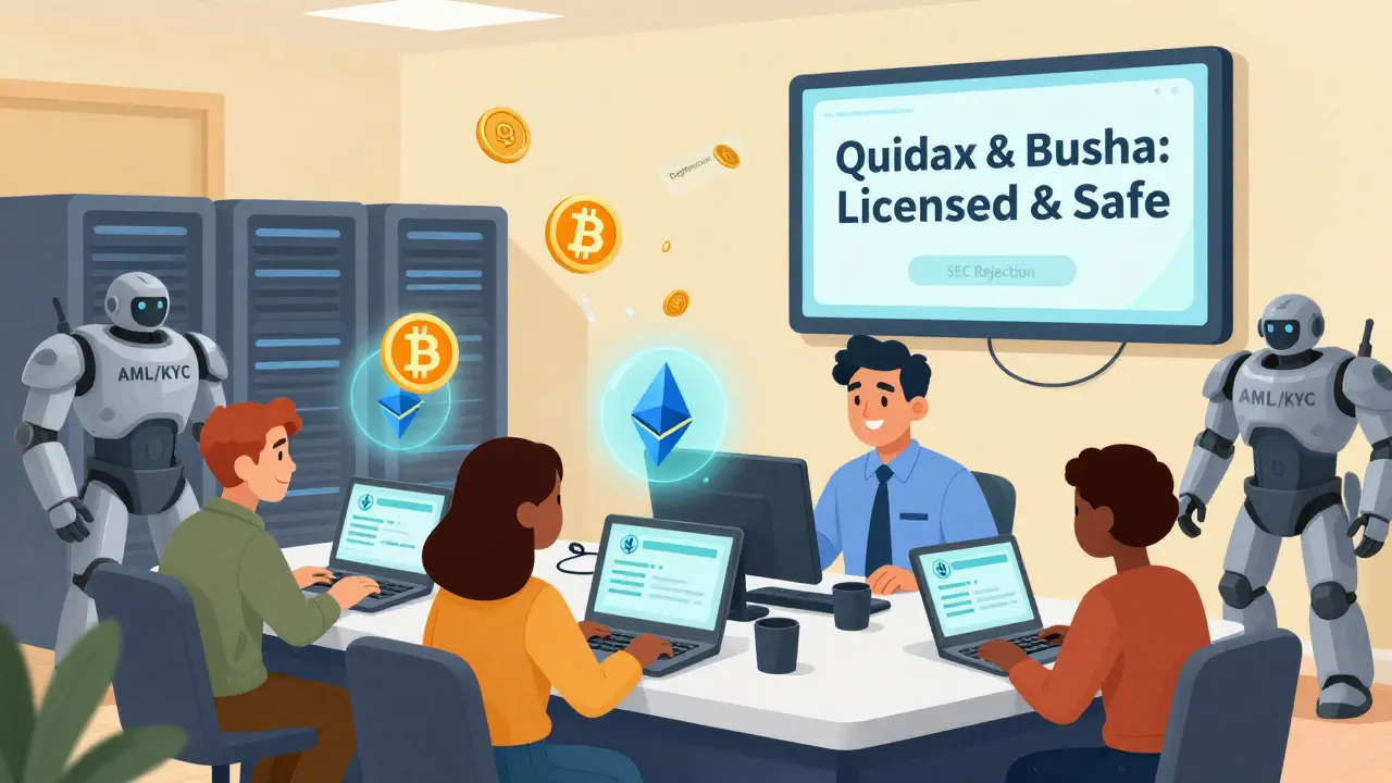 Users safely trading crypto at a licensed exchange with compliance officers and secure holograms.