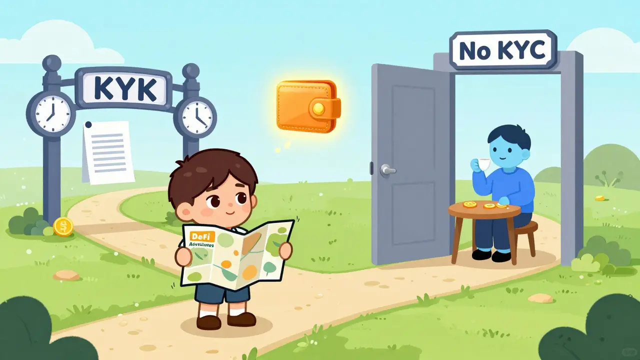 A beginner chooses between a crowded KYC gate and a quiet door labeled 'No KYC' with a glowing wallet.