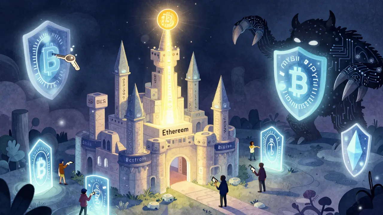 A blockchain castle protected by quantum-resistant runes, with digital keys passing through portals under a glowing signature beam.