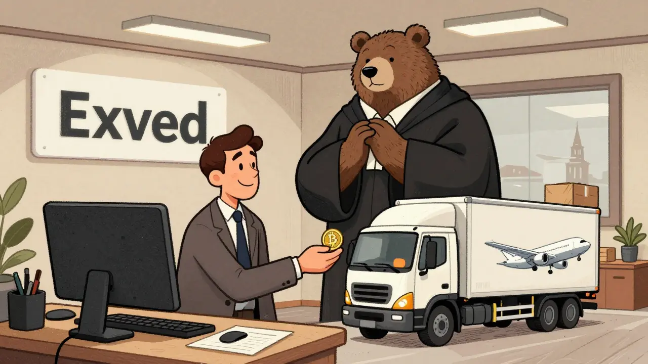 A businessman in Moscow hands a crypto token to a truck driver while a bear in a judge’s robe nods approvingly.