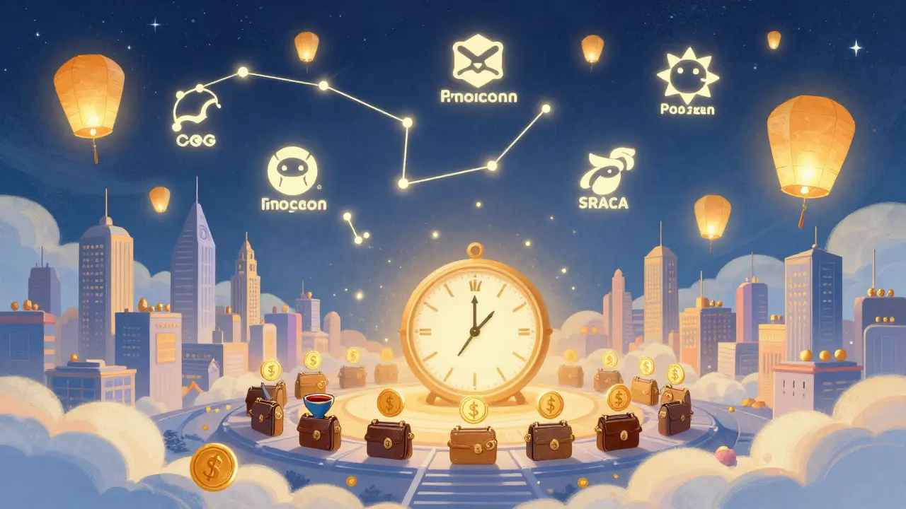 A celestial festival in the clouds with glowing project logos and thousands of wallets receiving tokens.