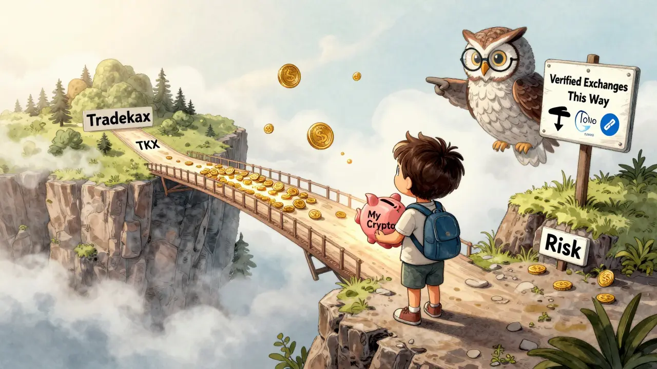 A child hesitates at a cliff, facing a hollow bridge of TKX tokens leading to fog, while safe paths point elsewhere.