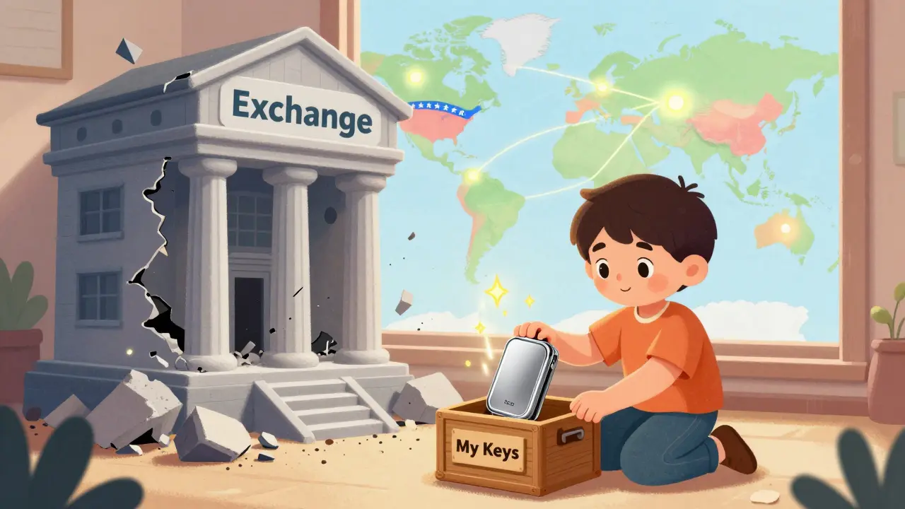 A child placing a hardware wallet in a box while a broken bank building crumbles behind them.