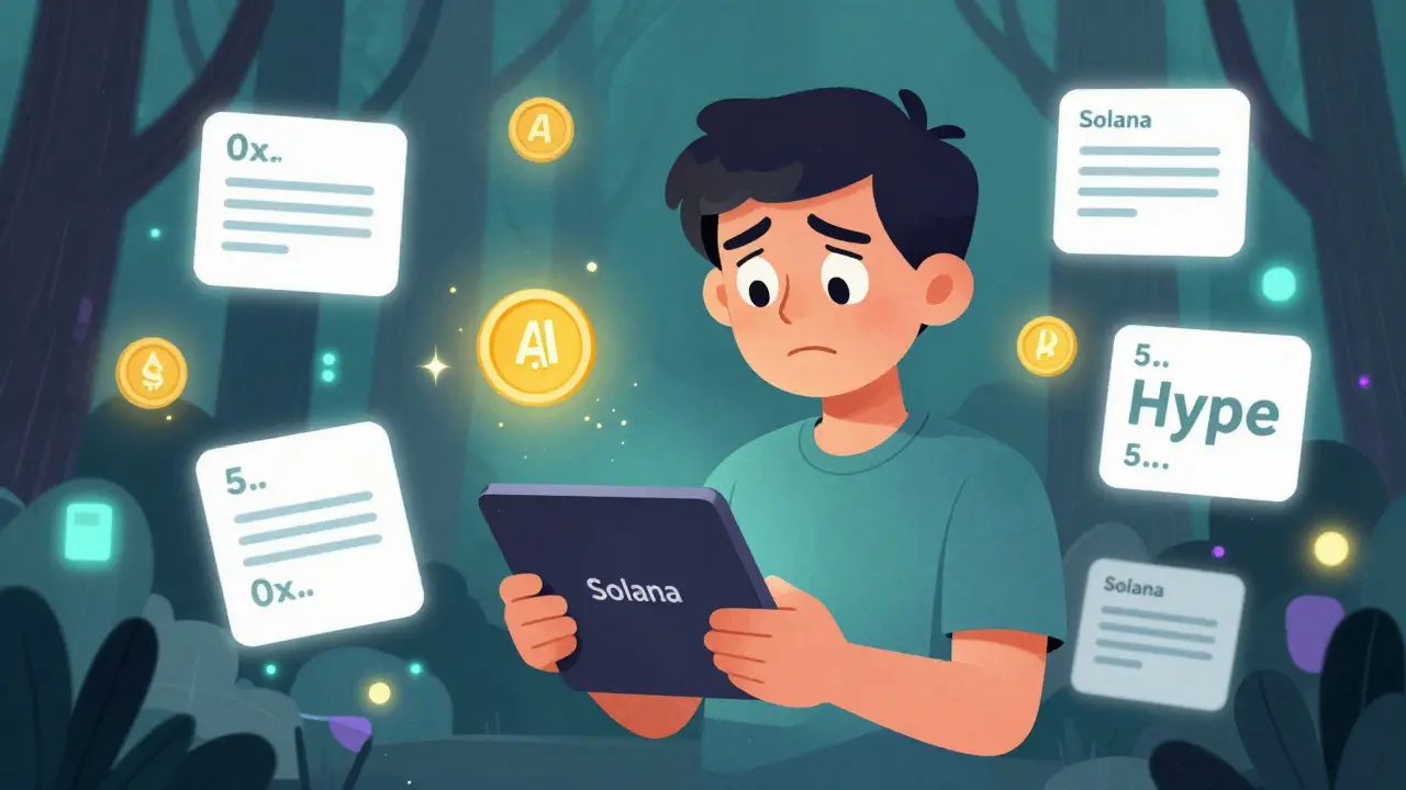 A confused trader surrounded by conflicting Ethereum and Solana address tags, with MOEW coins floating like fireflies.
