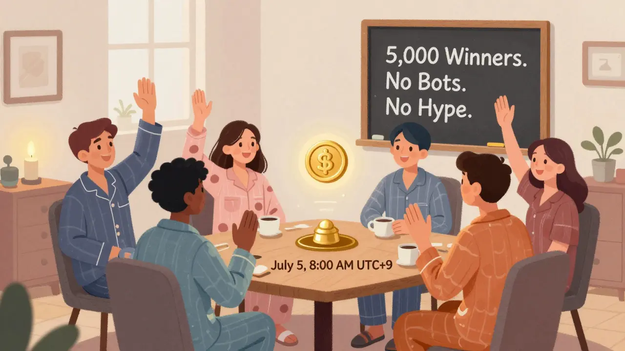 A cozy Discord room with hand-drawn avatars celebrating a simple airdrop under a chalkboard note.