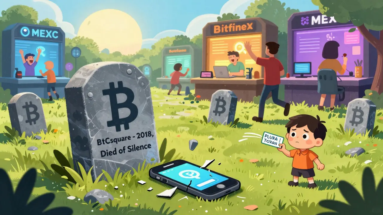 A crypto graveyard with BTCsquare's tombstone as a cracked phone lies nearby, while other exchanges thrive.