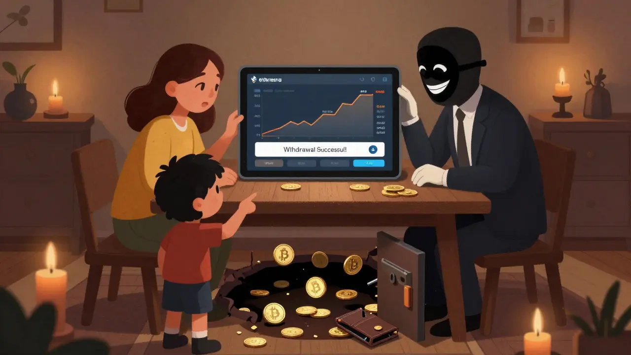 A family fooled by a fake trading app while a trapdoor opens beneath them filled with disappearing coins.
