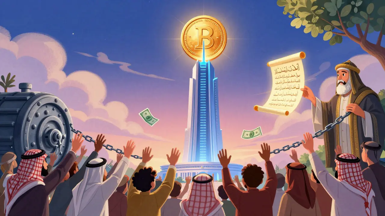 A glowing digital riyal coin rises above a government tower as people reach for it, held back by chains of banknotes.