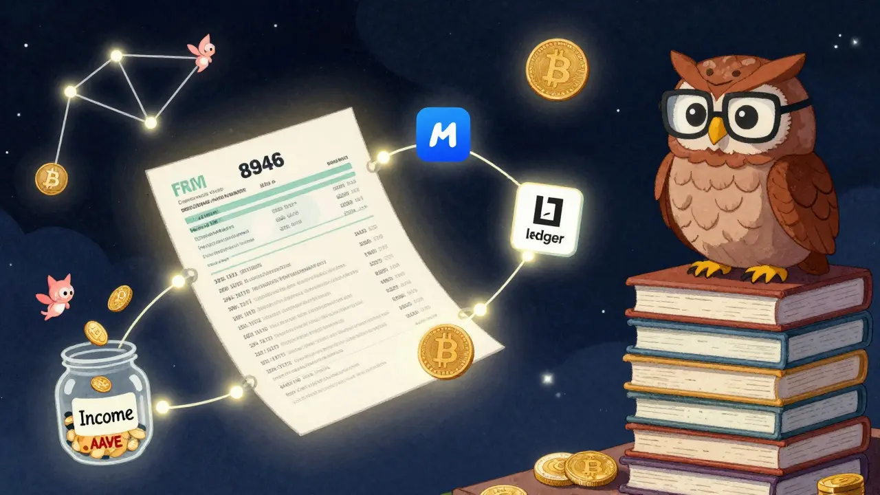 A glowing wallet chain connecting to Form 8949, with airdrop tokens and an IRS owl watching.