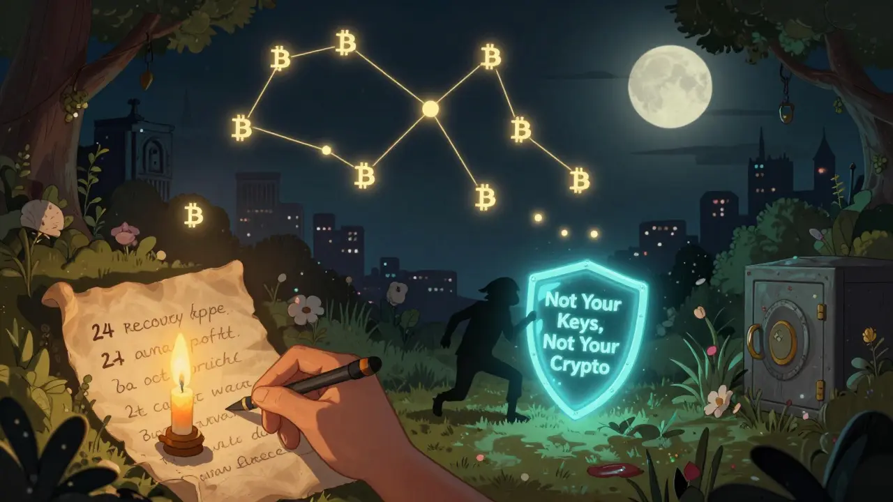 A hand writing a recovery phrase that becomes a constellation of Bitcoin symbols in the night sky.