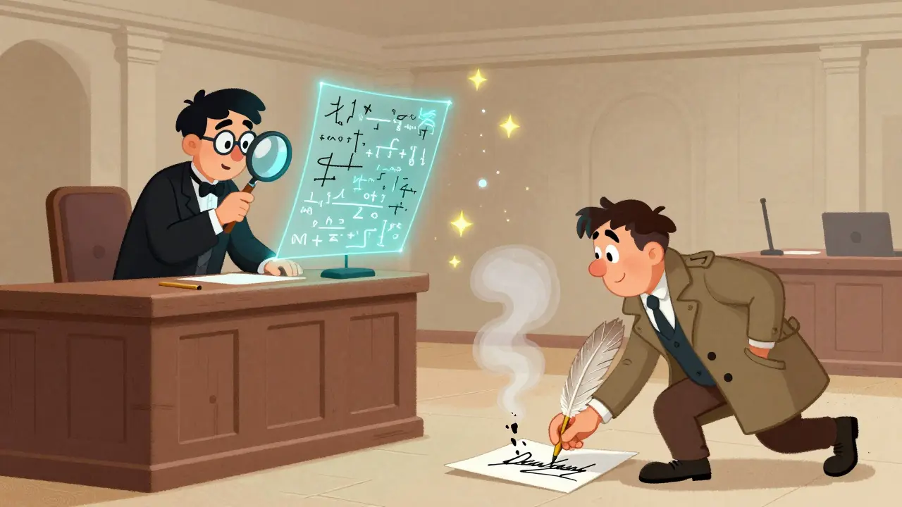 A judge examines a glowing digital signature as a forger's pen dissolves into smoke, surrounded by blockchain transactions.