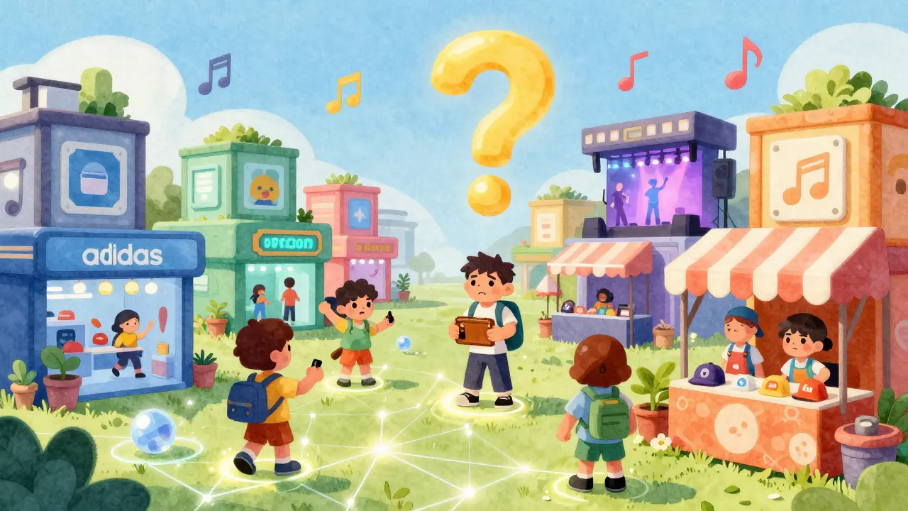 A lively metaverse town with avatars shopping, playing, and trading NFTs under a glowing sky.