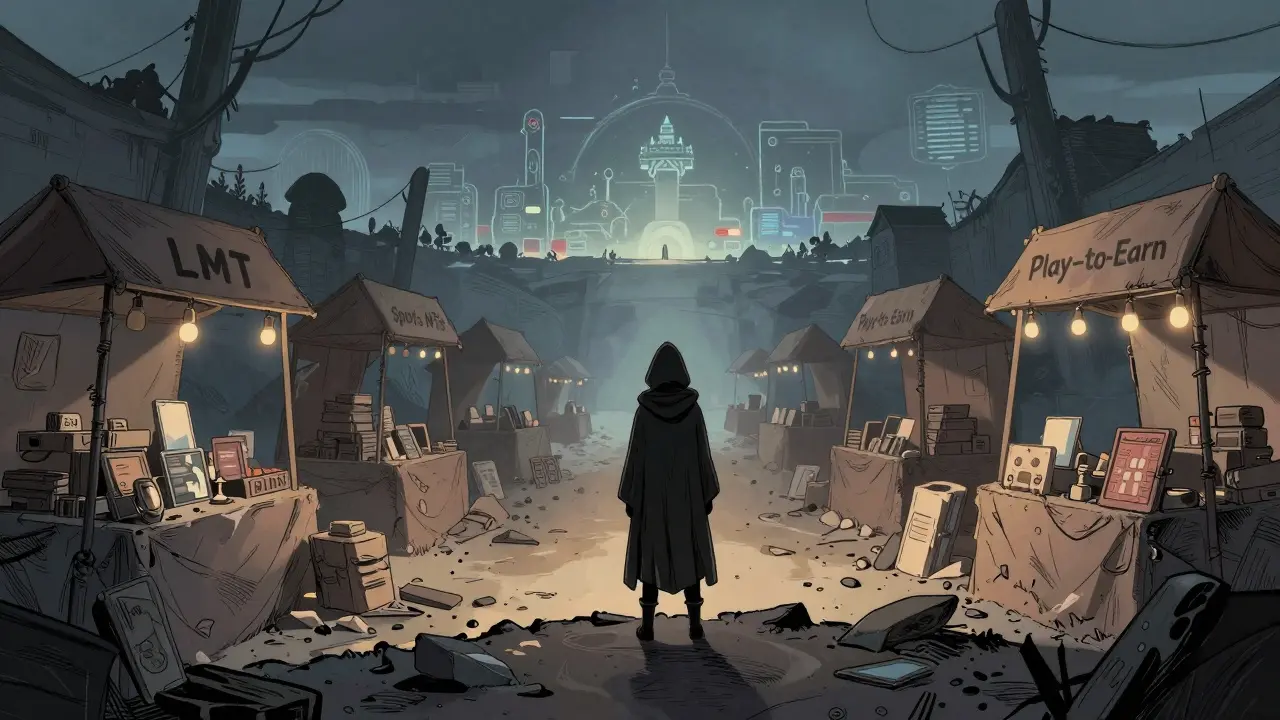 A lone figure at an abandoned digital marketplace with empty stalls for LMT and sports NFTs.