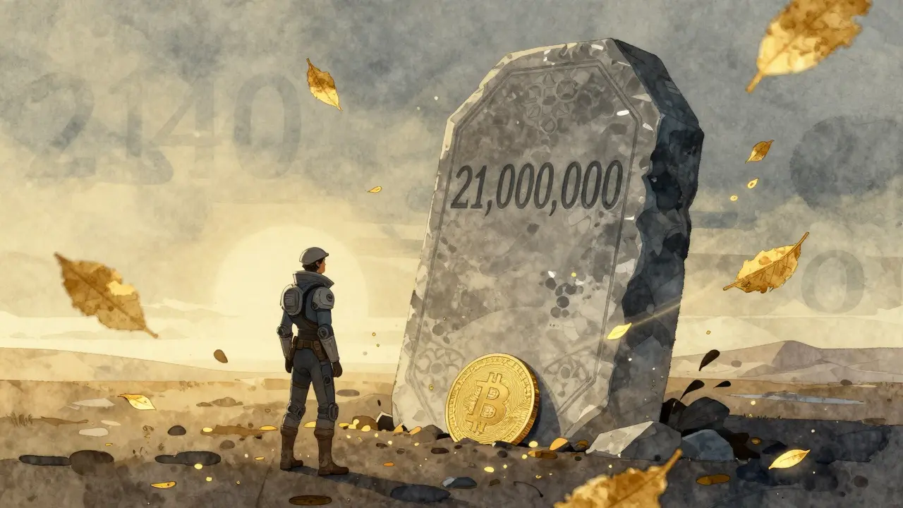 A lone miner beside a stone tablet marked '21,000,000' as the last Bitcoin emerges, surrounded by floating transaction fees.