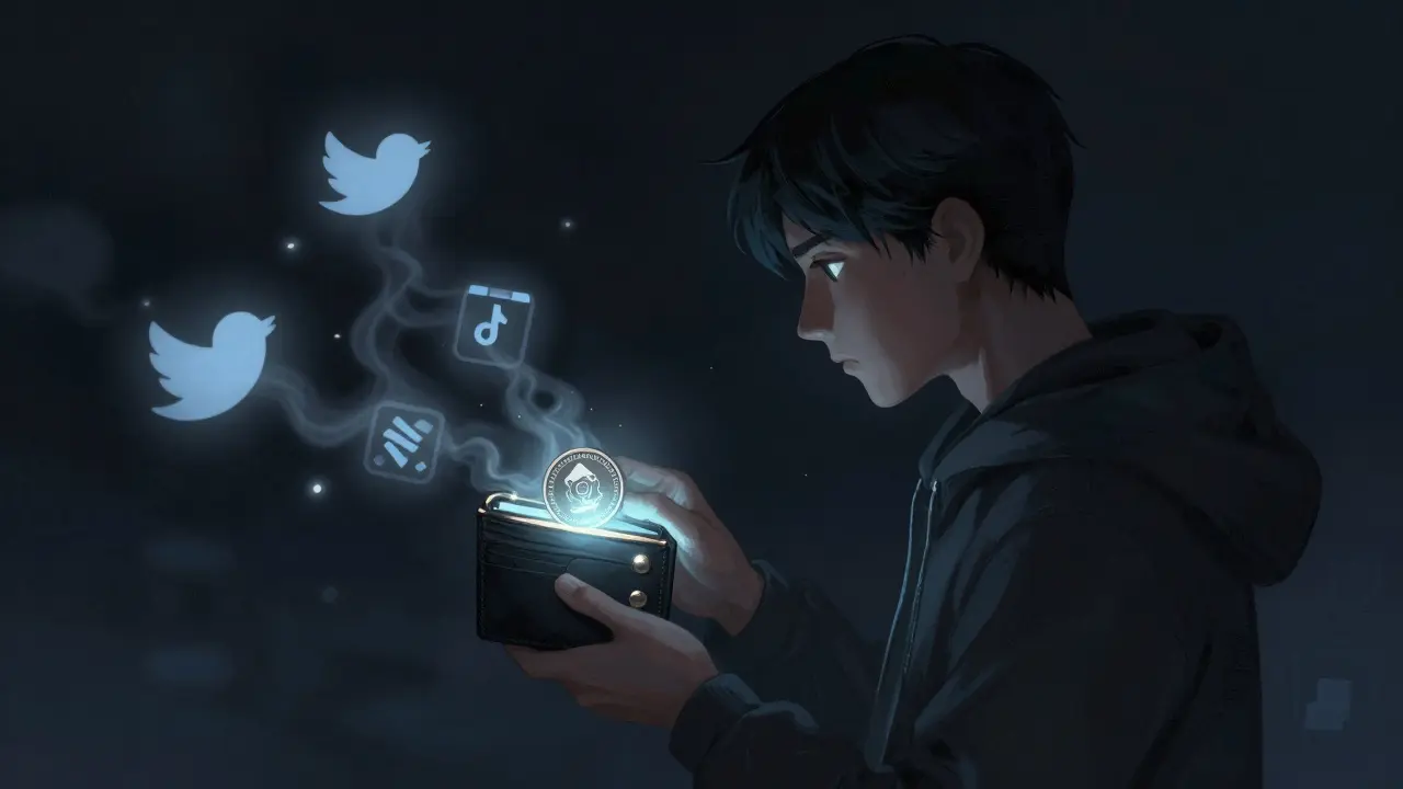 A lone person holding a dying ELMON token, surrounded by fading symbols of crypto hype under a cold night sky.