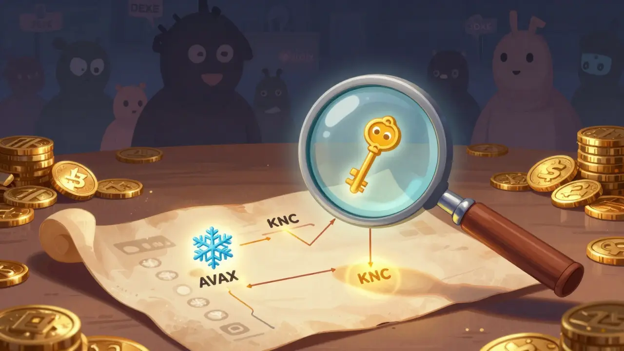 A magnifying glass reveals hidden trade routes between AVAX and KNC tokens on a glowing scroll.