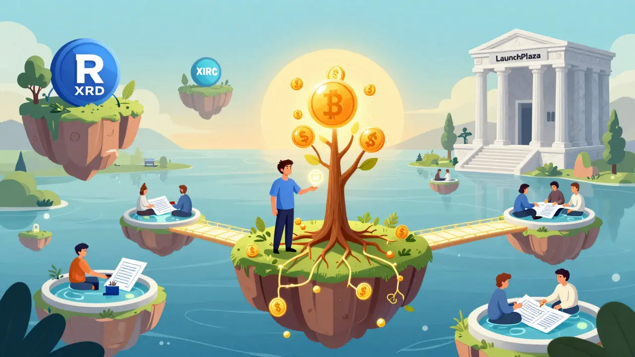 A peaceful Radix landscape with tokens floating above a tree growing profit fruit, tended by developers in Greek robes.