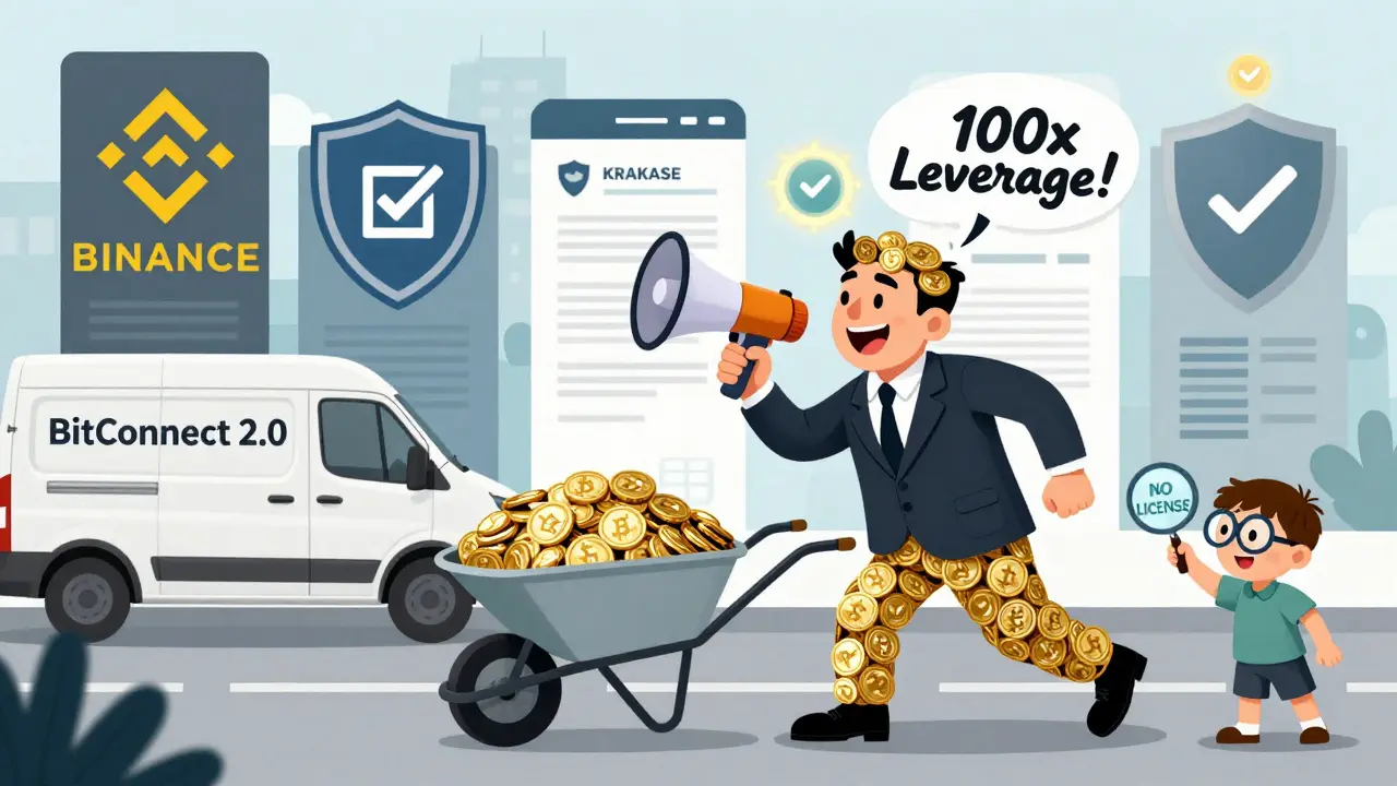 A scammer in a coin suit pushing stolen crypto into a van while legitimate exchanges stand safely behind.