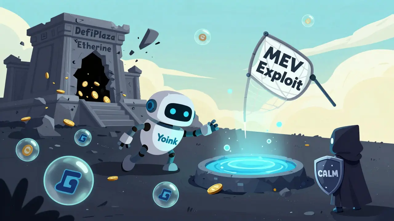 A sneaky robot steals from a collapsing Ethereum exchange while a calm Radix sky glows with safety and new tokens.