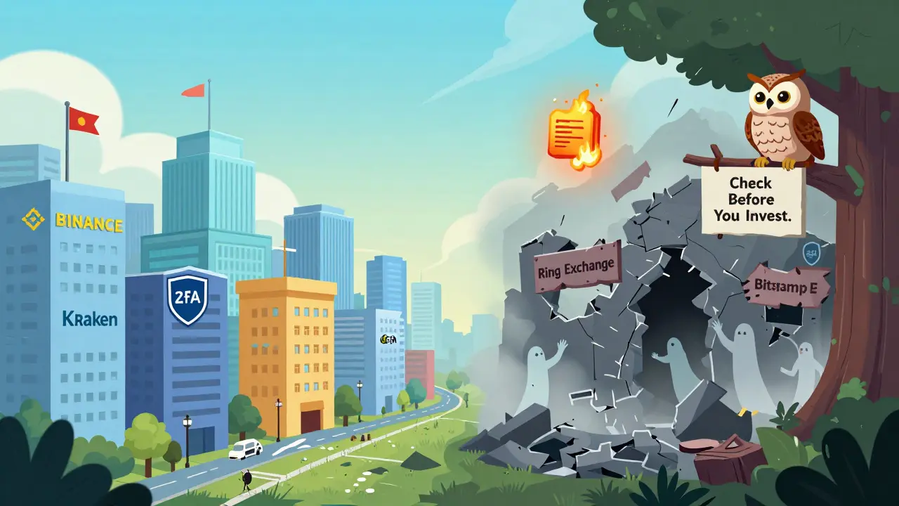 A split scene showing safe crypto exchanges on one side and a ruined scam site on the other, with an owl holding a warning sign.
