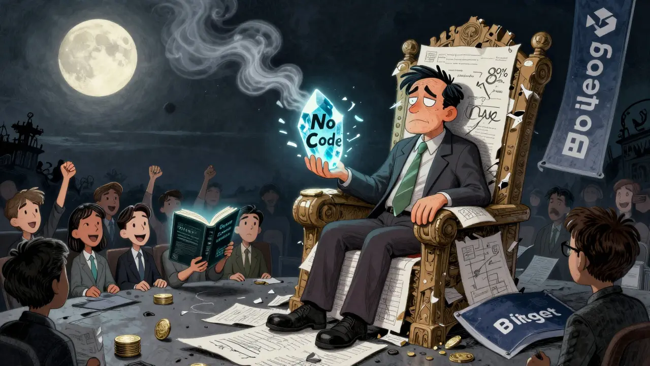 A tired Professor MOEW on a throne of charts, watching users learn from a book as other memecoins fade away.