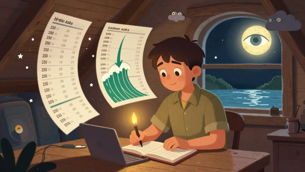 A trader journals order book patterns at night, with floating visuals of bids, asks, and market movements.