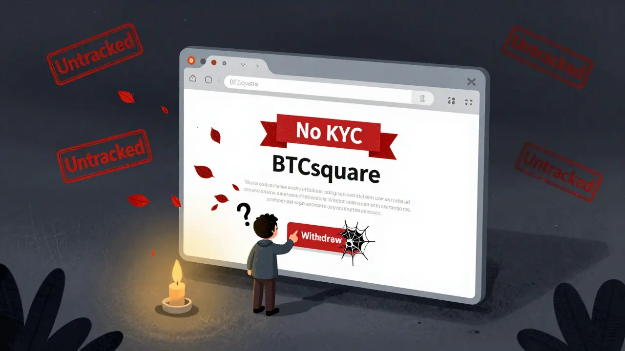 A user trapped in a broken BTCsquare browser window, surrounded by ghostly 'Untracked' stamps.