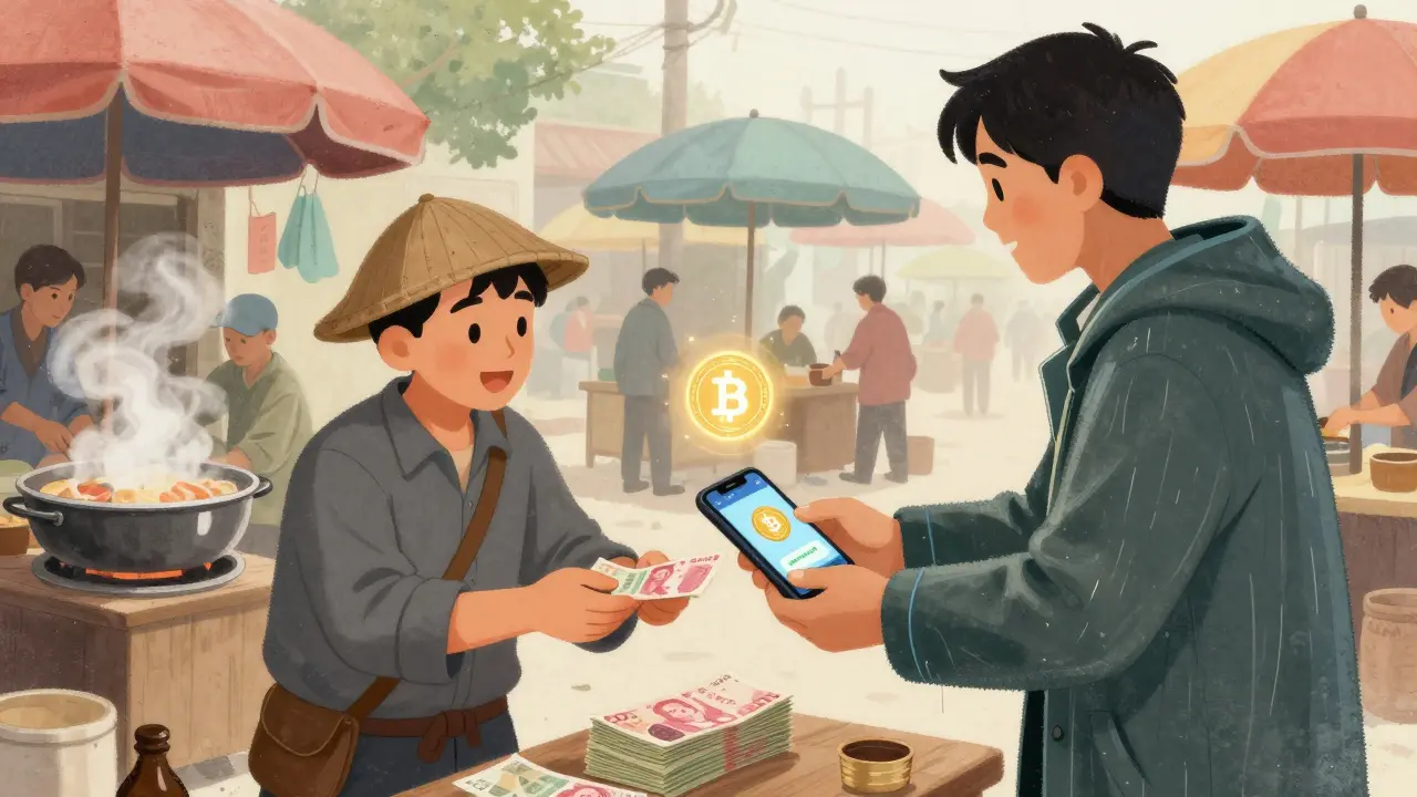 A Vietnamese trader exchanges cash for Bitcoin in a busy market, with a hidden Monero coin glowing above the deal.