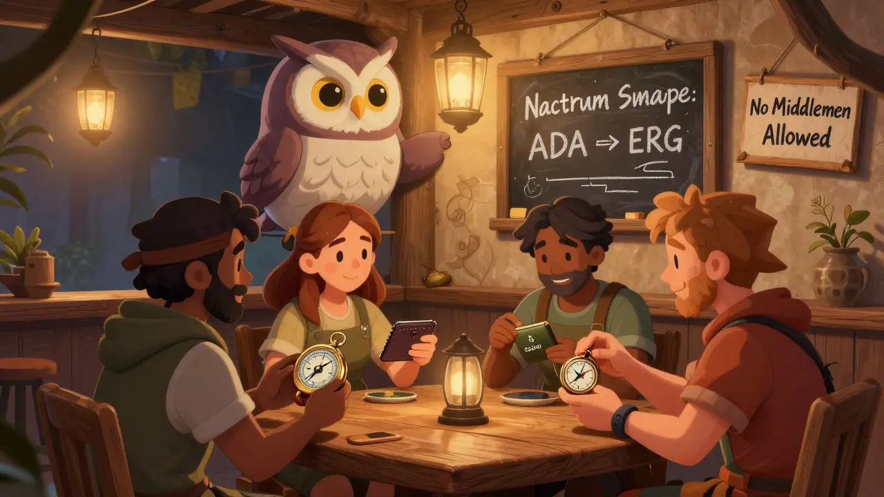 Adventurers in a DeFi tavern use native wallets while a wise owl points to a chalkboard showing direct token swaps.