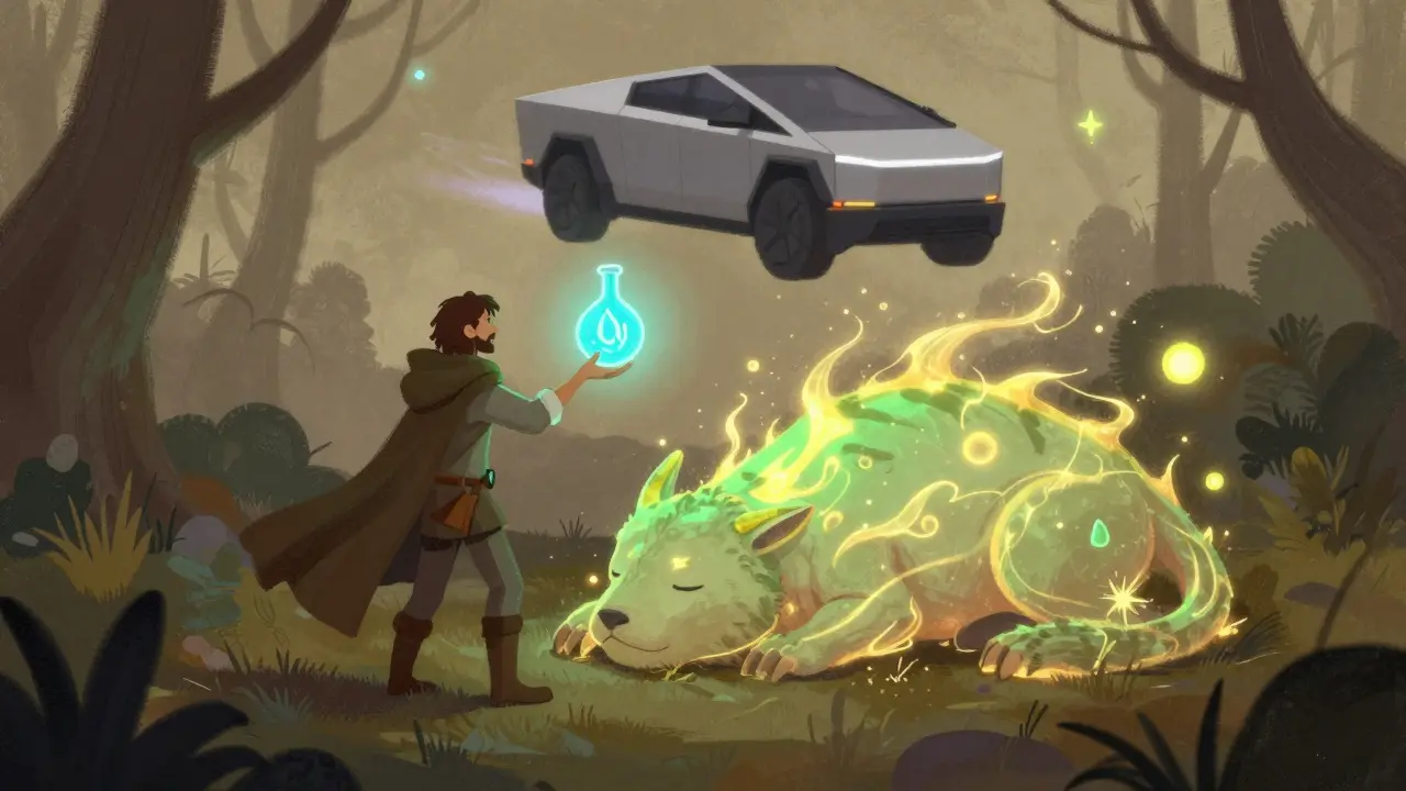 An adventurer uses a Potion NFT to evolve a Metamon, while a Tesla Cybertruck NFT glows in the sky.