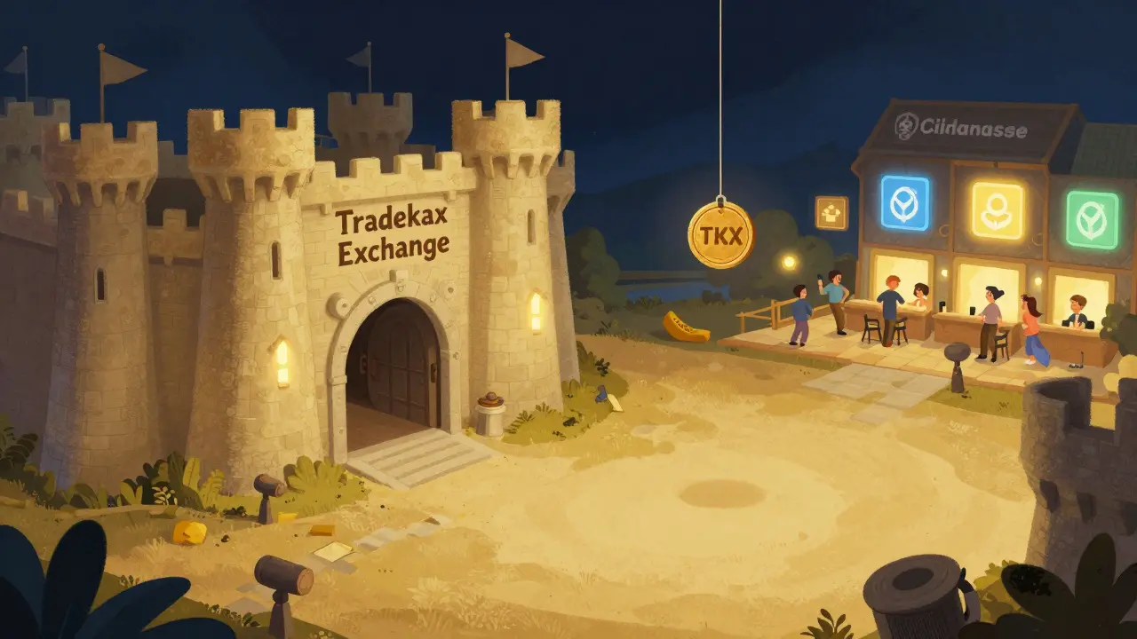An empty castle labeled Tradekax with a lone TKX token dangling over a void, while other exchanges glow nearby.