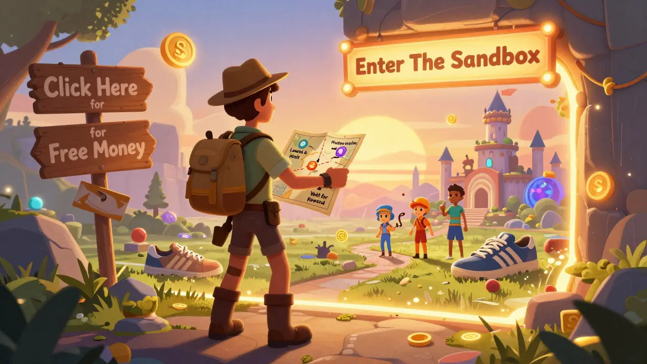 An explorer stands before a portal to The Sandbox, following a map past scam signs toward a vibrant digital world.