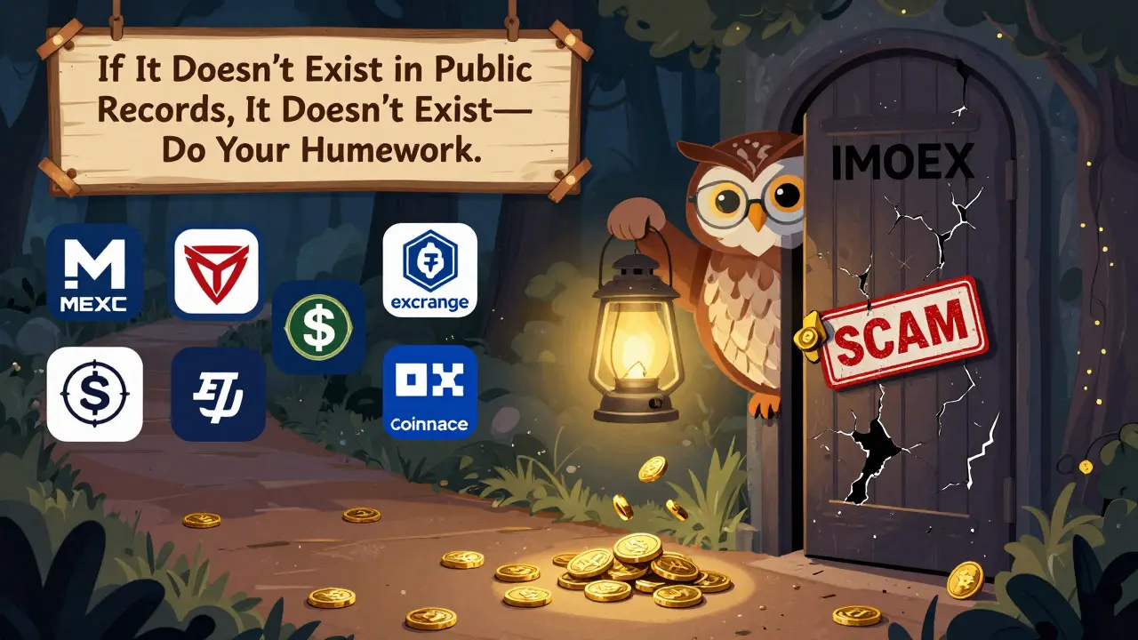 An owl holding a safety lantern guiding traders away from a sealed 'SCAM' door labeled IMOEX.
