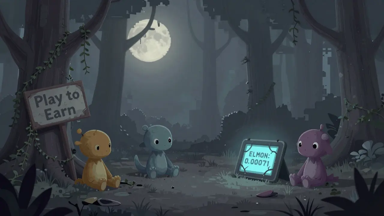 Faded NFT monsters sitting idle in an overgrown digital forest, with a broken 'Play to Earn' sign and dim screen showing near-zero value.