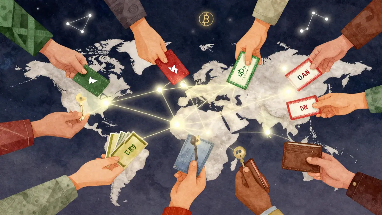 Hands from restricted countries pass crypto keys through a glowing web of decentralized nodes, tied by a golden seed phrase.