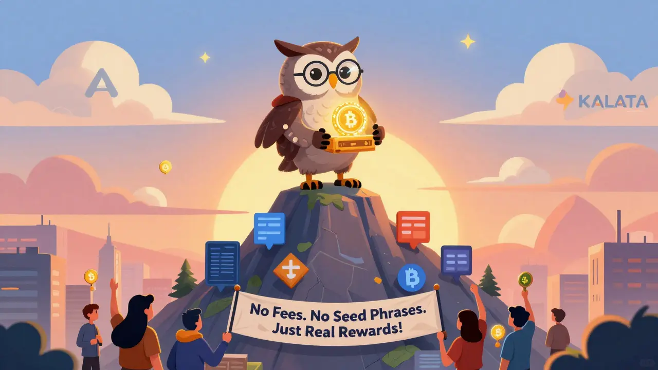 Hero receives a KALA token chest from a wise owl atop a mountain of verified smart contracts.