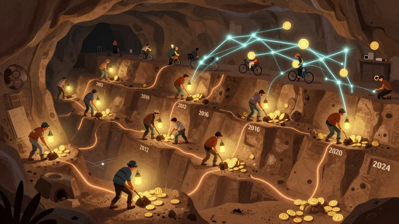 Miners digging for fading Bitcoin ore, while users pay with digital coins connected by glowing Lightning Network threads.