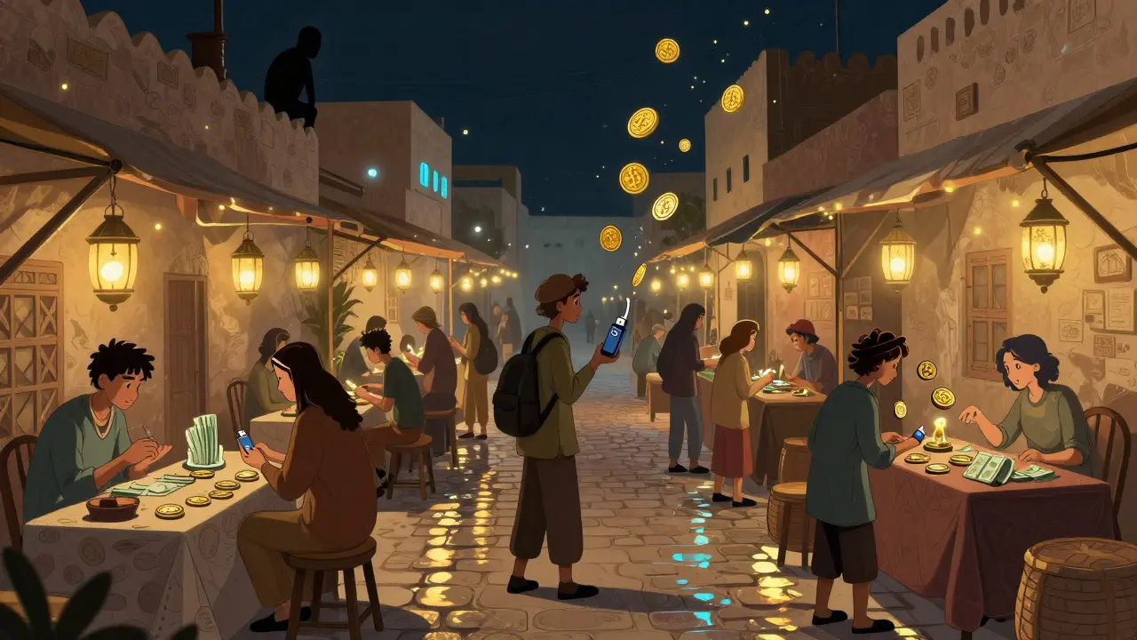Nighttime underground market in Riyadh where people trade crypto for cash under lanterns, digital coins floating in air.