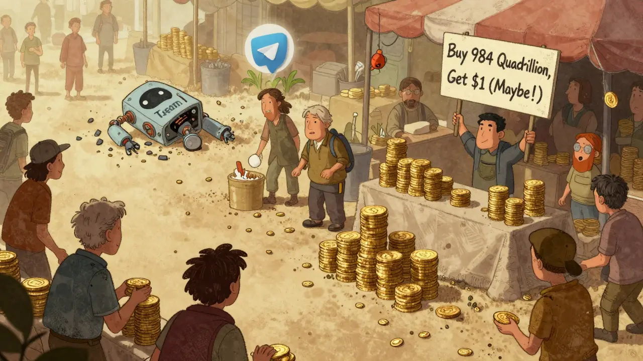 People trade microscopic SPORE tokens in a marketplace while a broken robot and dead Telegram icon lie nearby.