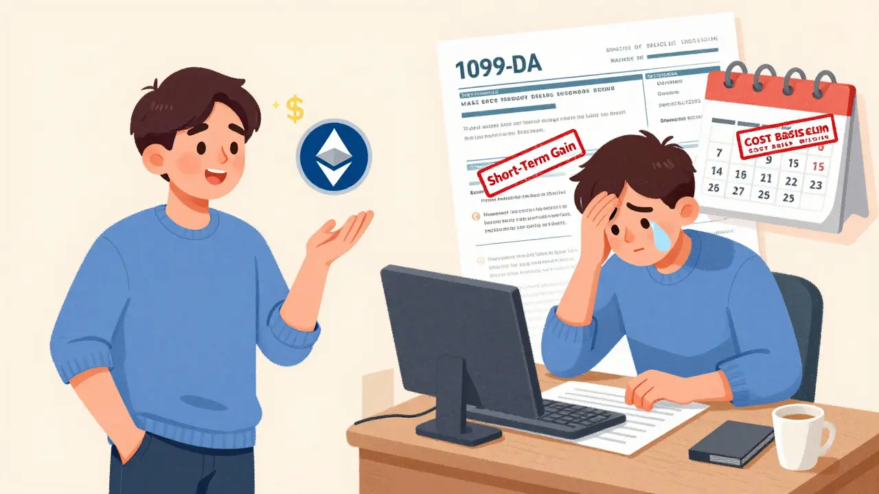 Split scene showing a crypto trade turning into a stressful tax filing moment with calendar and forms.