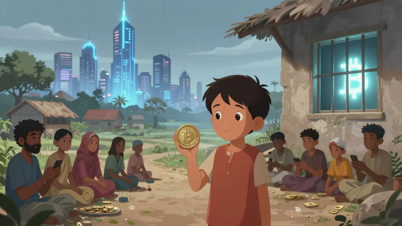 A child holds a government digital currency coin as unbanked families look on from a rural village.