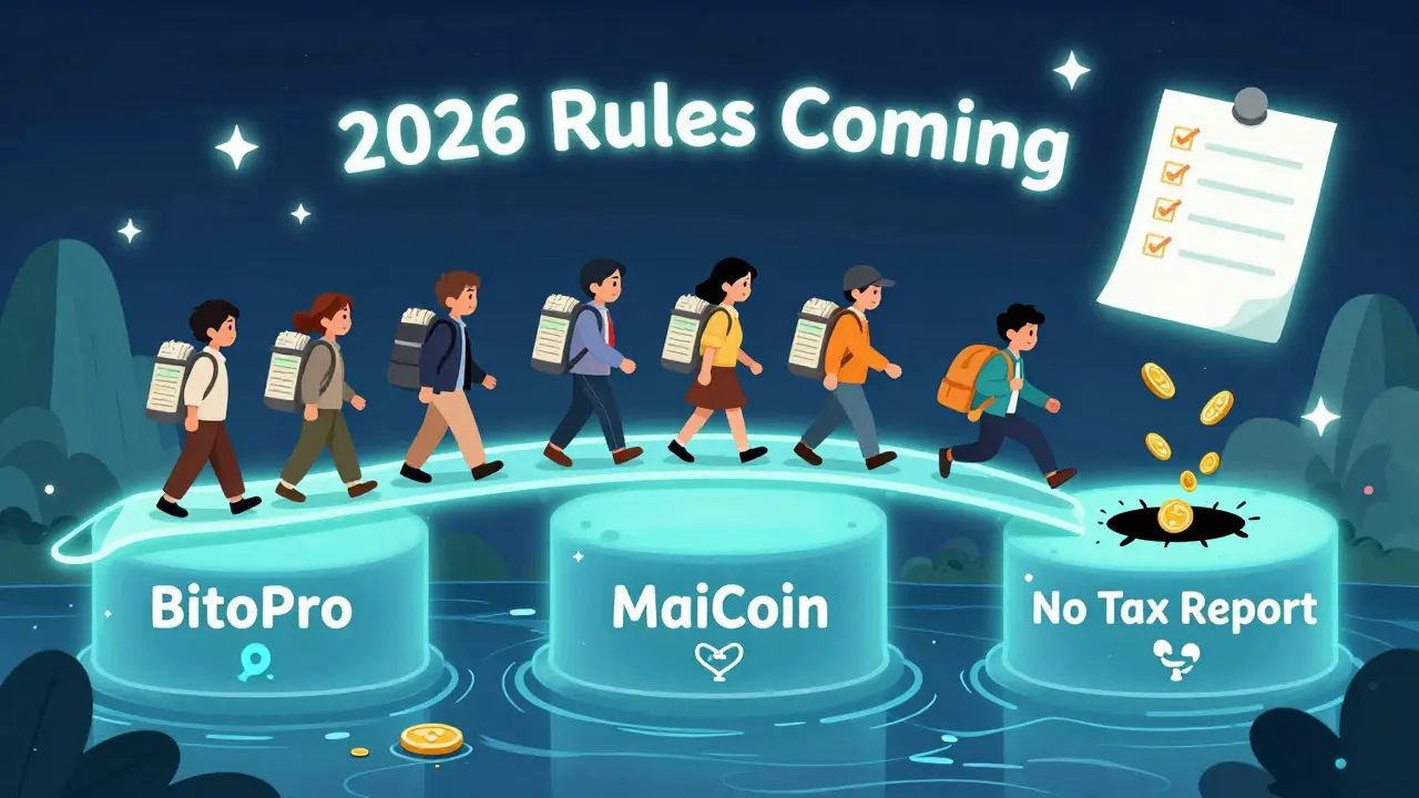 A digital bridge connecting crypto exchanges over a tax river, with one trader falling into a black hole labeled 'No Tax Report'.