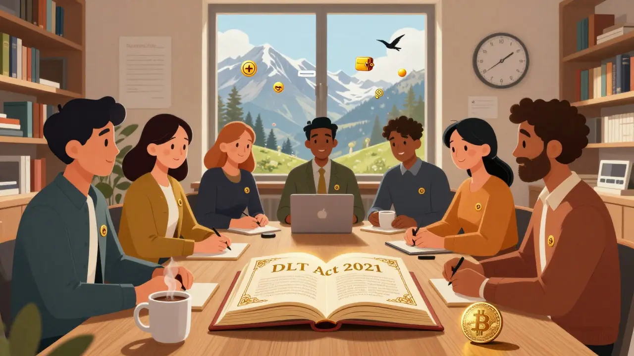 A diverse team in a Swiss office studying a glowing legal book titled 'DLT Act 2021', with blockchain symbols flying outside the window.