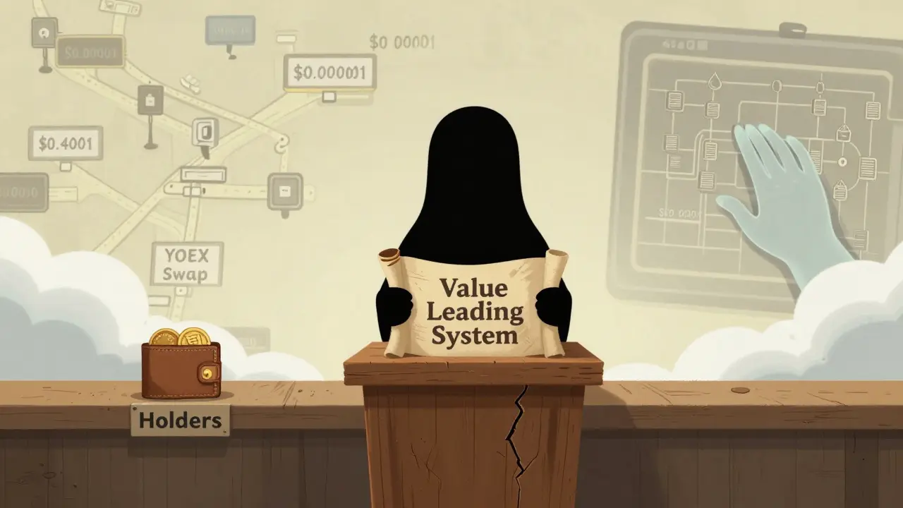 A faceless figure stands before a fading roadmap with disappearing price milestones, while a tiny wallet with 1,420 coins sits on a dusty shelf.