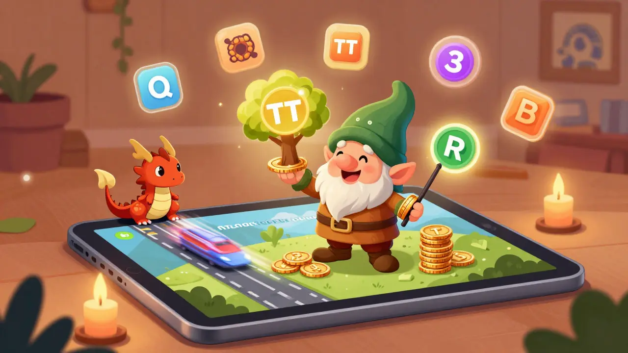 A friendly gnome-like TT Wallet app character juggling coins, NFTs, and DeFi tokens, staking and swapping with magic in a warm digital scene.